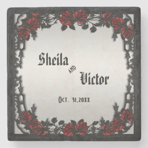 Red Rose Gothic Wedding Personalised Iron Gate Stone Coaster