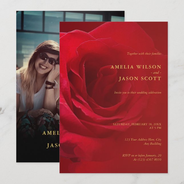 Red Rose Gradient Red with Photo Wedding Invitation (Front/Back)