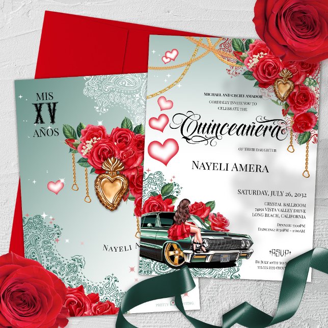 Red Rose Green Lowrider Mexicana Chola Quinceanera Invitation (Creator Uploaded)