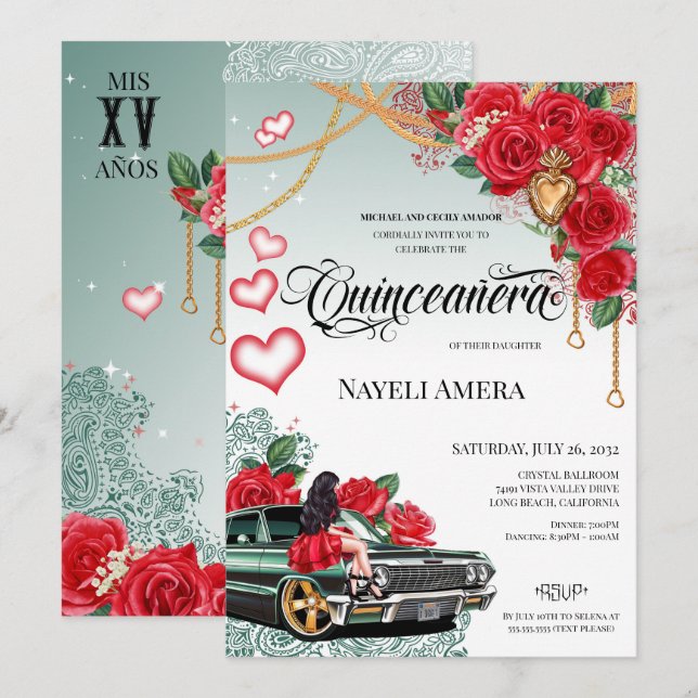 Red Rose Green Lowrider Mexicana Quince Birthday Invitation (Front/Back)