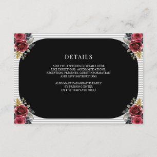 Red Rose Grey Stripes Black Gothic Wedding Details Enclosure Card