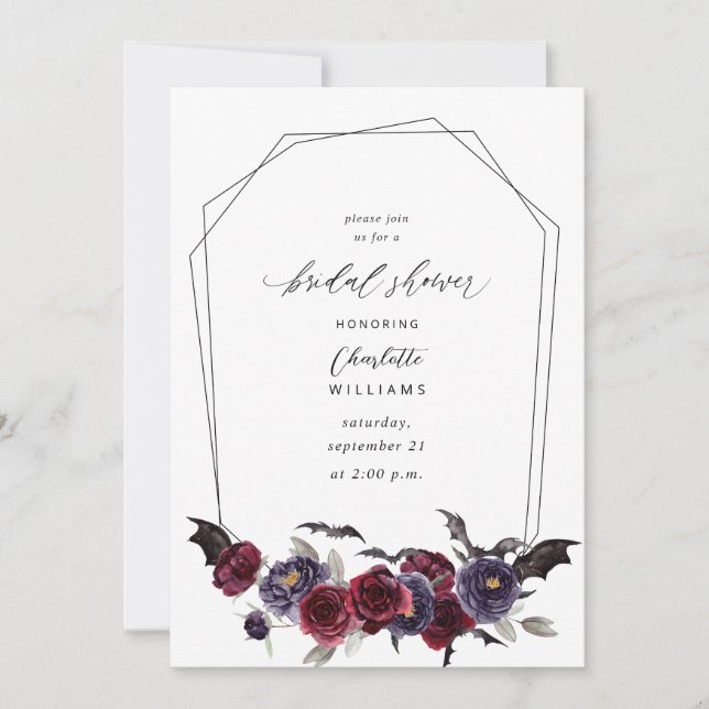 Red Rose Halloween Bats Bridal Shower - White Invitation (Front)