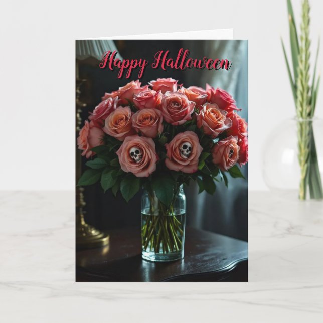 Red Rose Halloween Skull Flowers Card (Front)