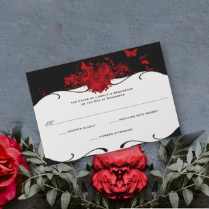 Red Rose Heart Black and White RSVP Card