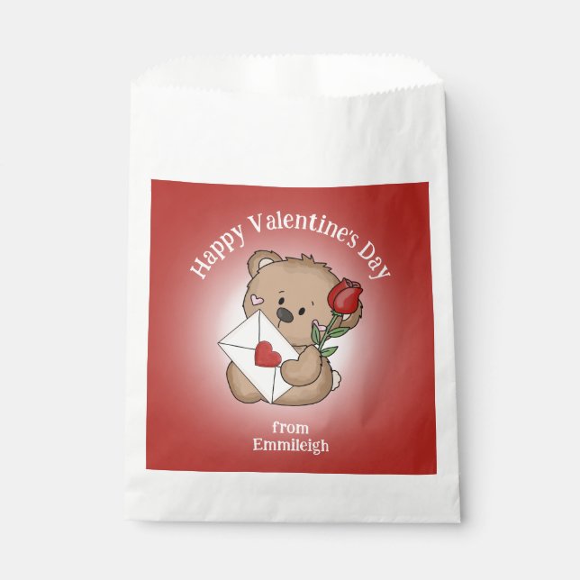 Red Rose Heart Happy Valentines Day Cute Bear Name Favour Bags (Front)