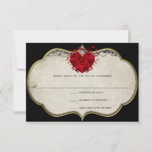 Red Rose Heart on Black Metallic RSVP Card