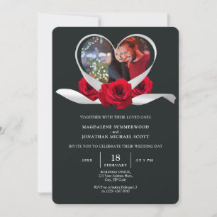 Red Rose Heart Photo Romantic White Ribbon Grey Invitation