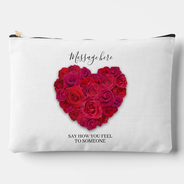 Red Rose Heart Romantic Floral Custom Text Accessory Pouch (Front)