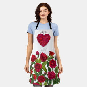 Red Rose Heart Romantic Floral Custom Text Apron