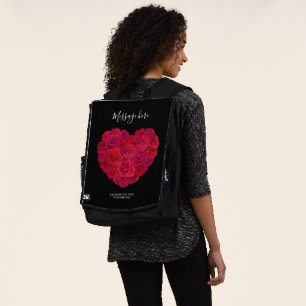 Red Rose Heart Romantic Floral Custom Text Backpack
