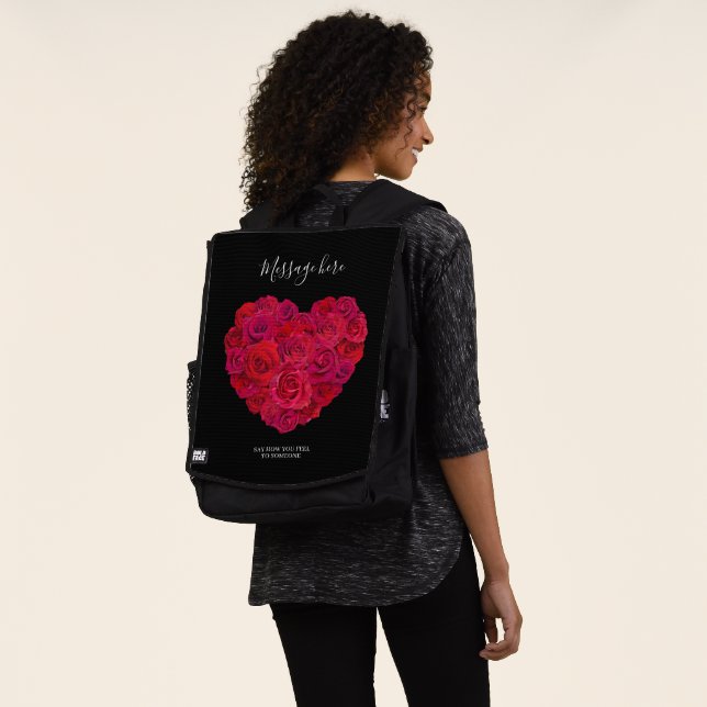 Red Rose Heart Romantic Floral Custom Text Backpack (Worn)