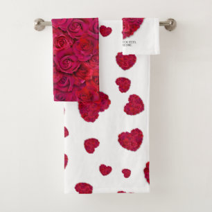 Red Rose Heart Romantic Floral Custom Text Bath Towel Set