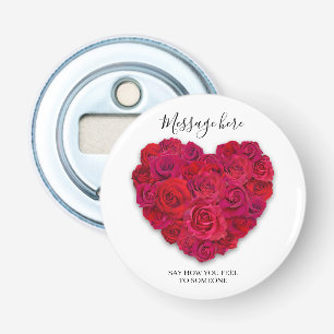 Red Rose Heart Romantic Floral Custom Text Bottle Opener
