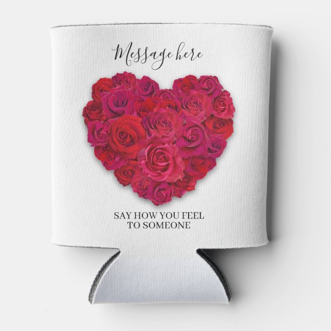 Red Rose Heart Romantic Floral Custom Text Can Cooler (Front)