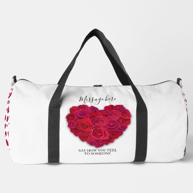 Red Rose Heart Romantic Floral Custom Text Duffle Bag (Front)