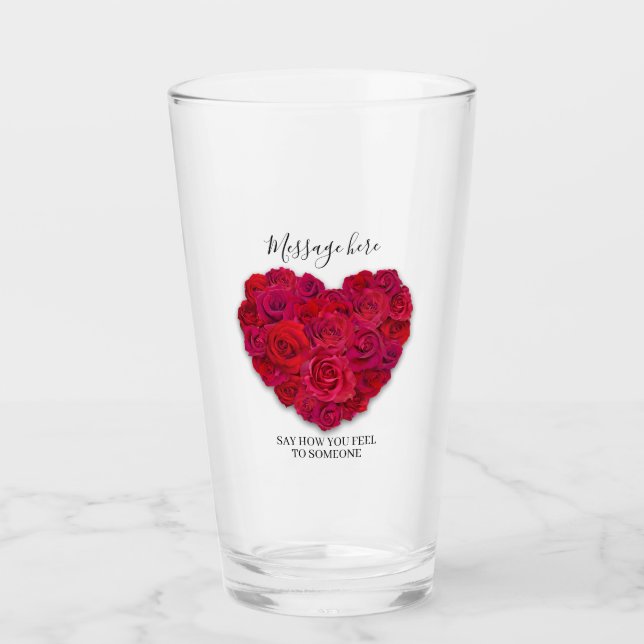 Red Rose Heart Romantic Floral Custom Text Glass (Front)