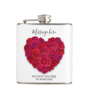 Red Rose Heart Romantic Floral Custom Text Hip Flask