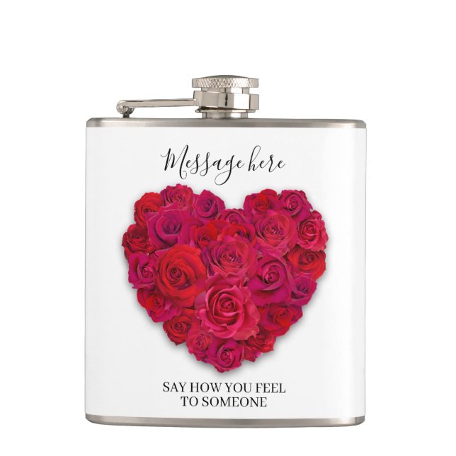 Red Rose Heart Romantic Floral Custom Text Hip Flask (Front)