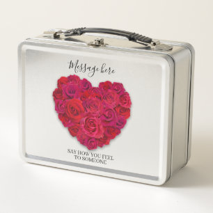 Red Rose Heart Romantic Floral Custom Text Metal Lunch Box