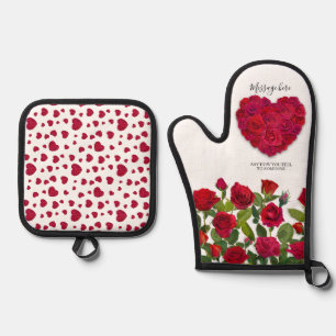 Red Rose Heart Romantic Floral Custom Text Oven Mitt & Pot Holder Set