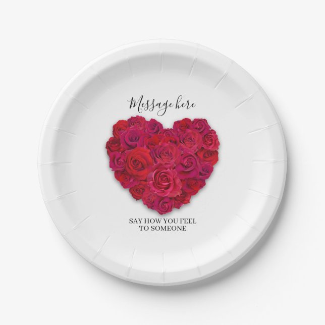 Red Rose Heart Romantic Floral Custom Text Paper Plate (Front)