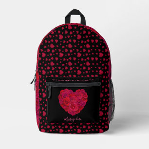 Red Rose Heart Romantic Floral Custom Text Printed Backpack