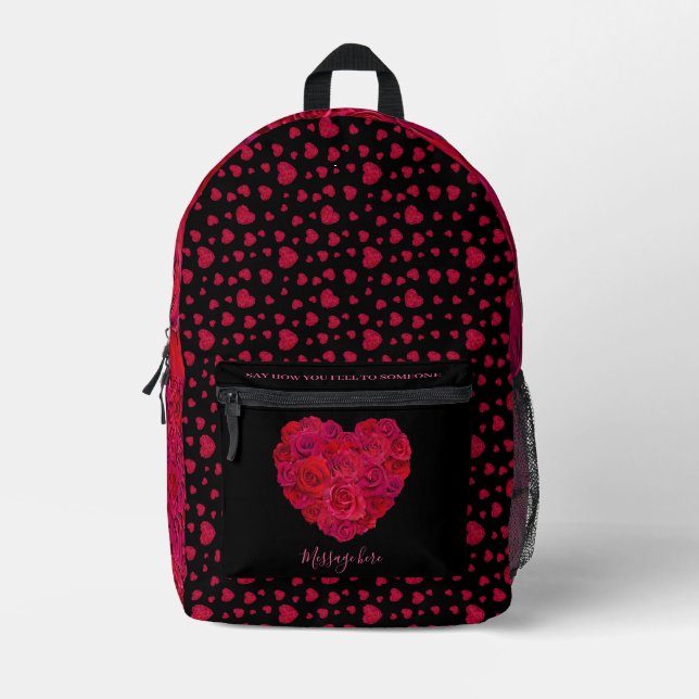 Red Rose Heart Romantic Floral Custom Text Printed Backpack (Front)