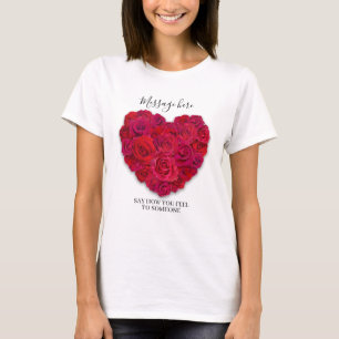 Red Rose Heart Romantic Floral Custom Text T-Shirt