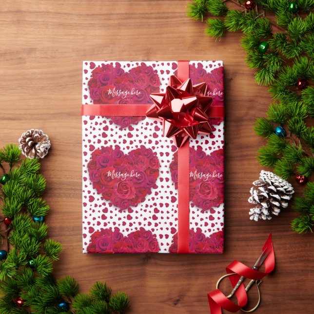 Red Rose Heart Romantic Floral Custom Text Wrapping Paper (Holiday Gift)