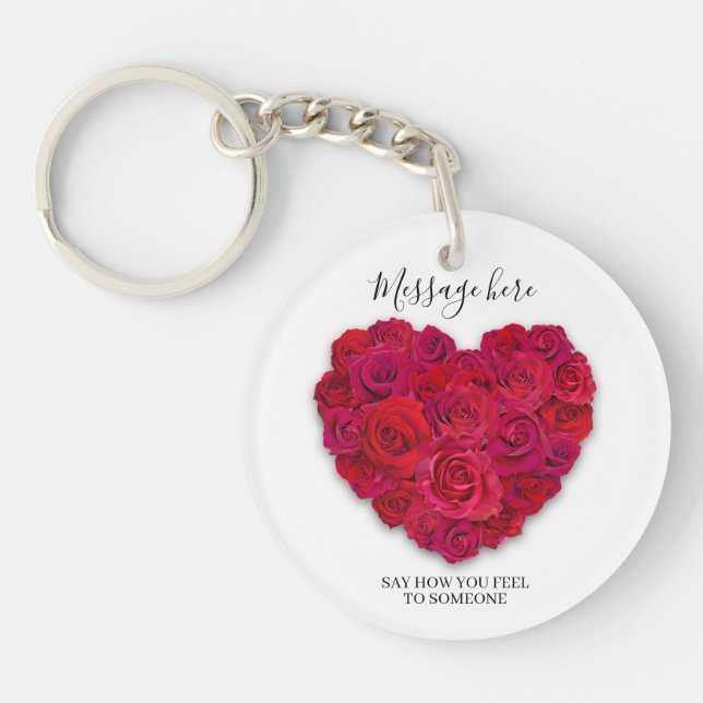 Red Rose Heart Romantic Minimalist Custom Text Key Ring (Front)