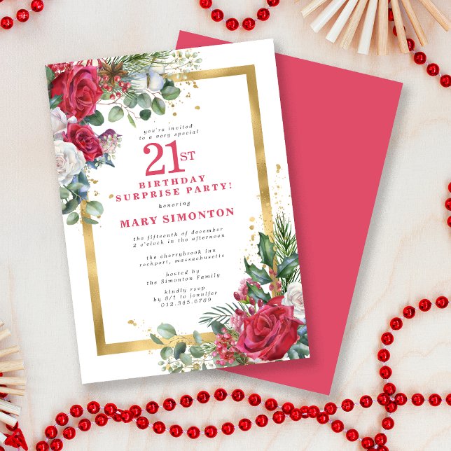 Red Rose Holly 21st Birthday Surprise Party Invitation (Creator Uploaded)