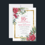 Red Rose Holly 95th Surprise Party Invitation<br><div class="desc">Beautiful red and white roses are nestled in holly and eucalyptus leaves to create an elegant floral display. They decorate a wide gold frame and are dappled with gold confetti dust. 95th birthday surprise party and the person's name are written in a large red text. All of the text can...</div>