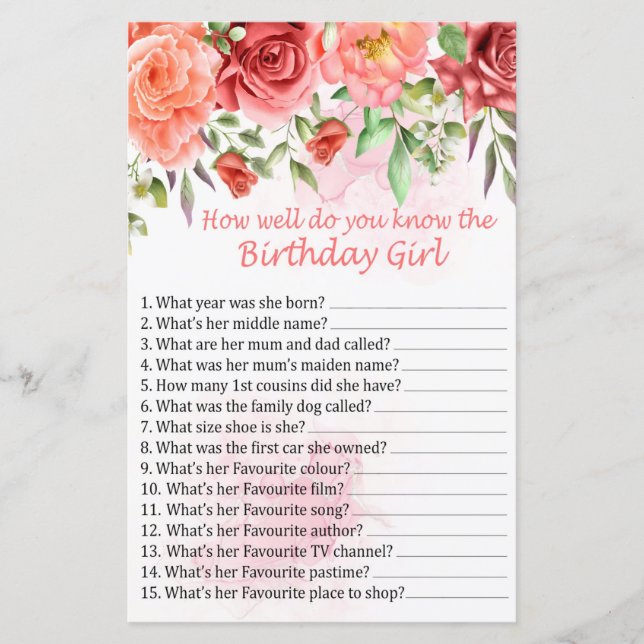 Red Rose How well do you know the birthday girl (Front)