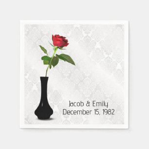 Red Rose In Vase On White Damask Napkin