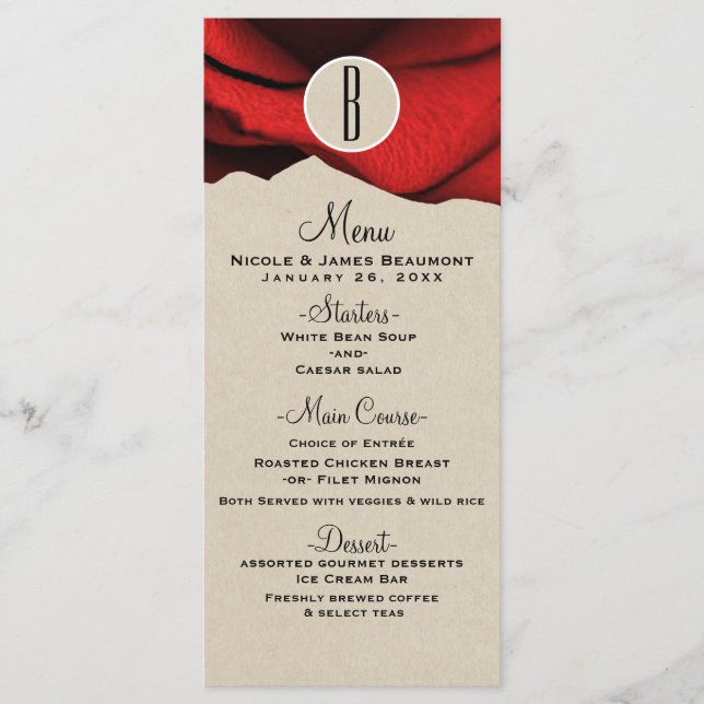 Red Rose Kraft Rustic Glam Elegant Wedding Menu (Front)