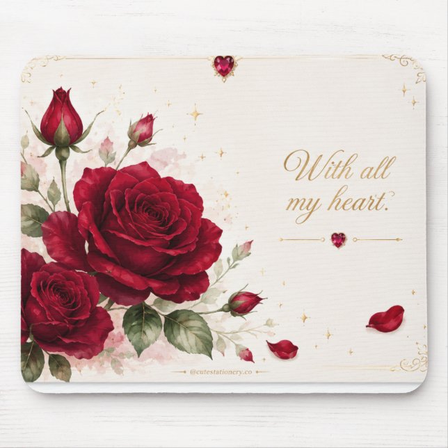 Red Rose Love Notes Feminine Floral Mouse Pad (Front)