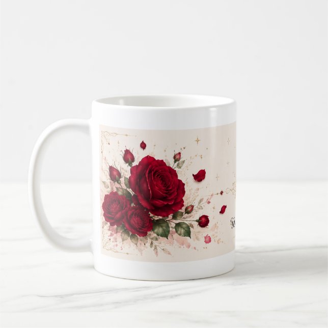 Red Rose Love Notes Romantic Floral Coffee Mug (Left)