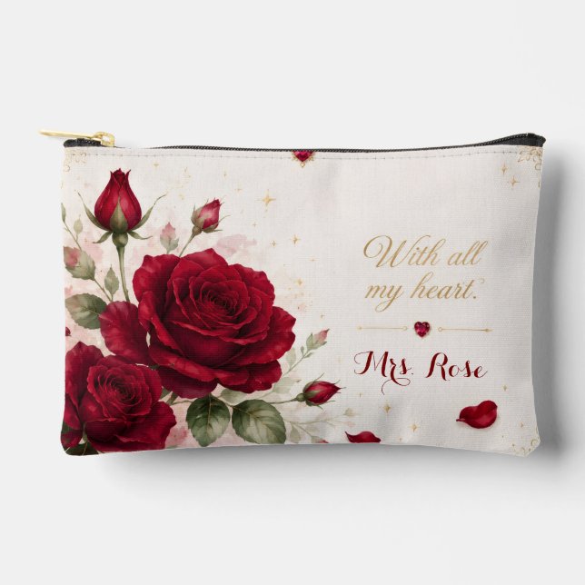 Red Rose Love Notes Romantic Floral Cosmetic Bag (Front)