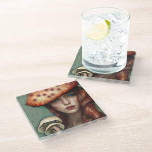 red rose mushroom lover artist designer glass coaster