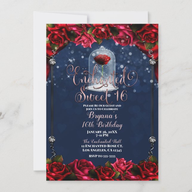 Red Rose Navy Blue & Gold Sweet 16 16th Party Invitation (Front)