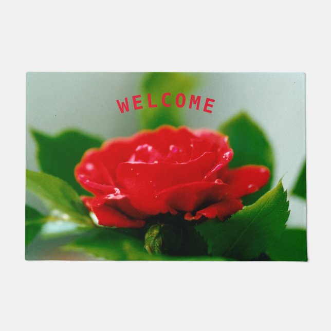 Red Rose of passion covered with dew drops Welcome Doormat (Front)
