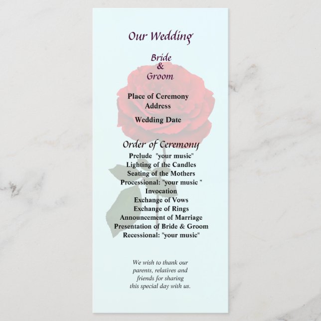 Red Rose of Summer Wedding Program Programme (Front)