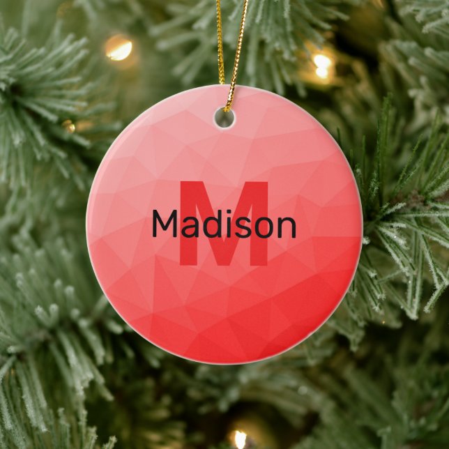 Red rose ombre geometric mesh pattern Monogram Ceramic Tree Decoration (Tree)