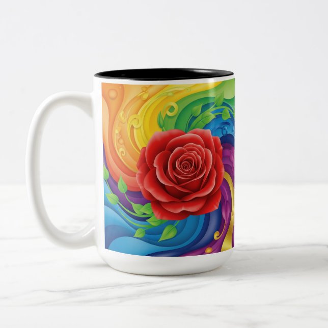Red Rose on Abstract Rainbow Background Two-Tone Coffee Mug (Left)