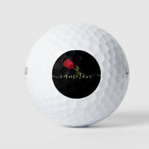 Red Rose On Black And Gold Monogramed Golf Balls