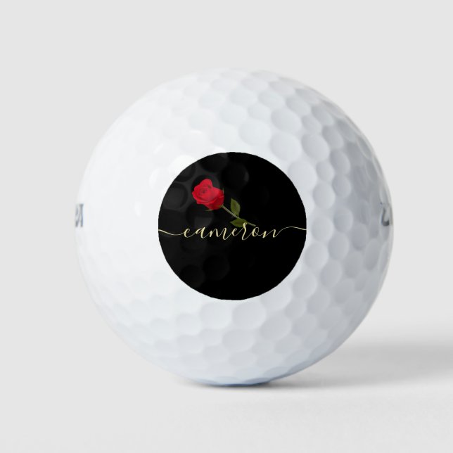 Red Rose On Black And Gold Monogramed  Golf Balls (Front)