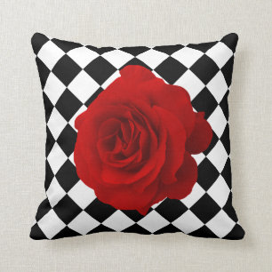 Red Rose on Black and White Diamond Pattern Cushion