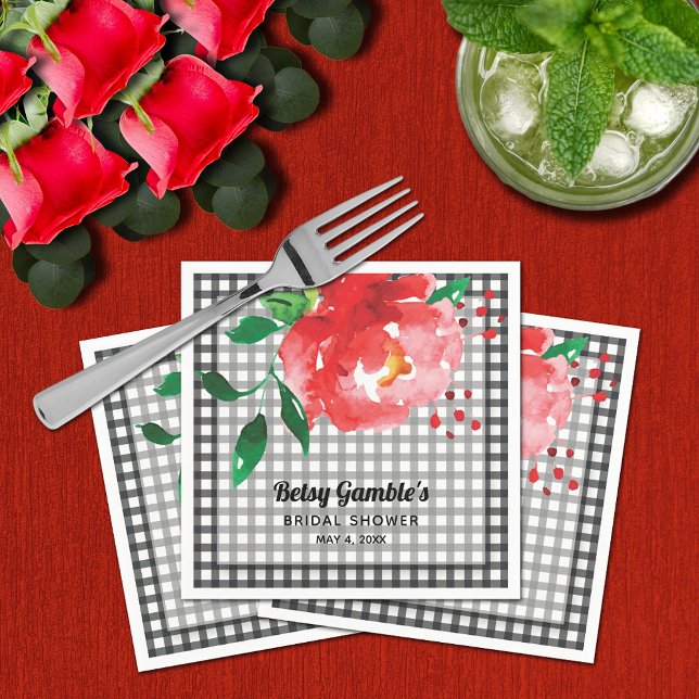 Red Rose on Black and White Gingham Bridal Shower Napkin (Red Rose on Black and White Gingham Bridal Shower Napkins)