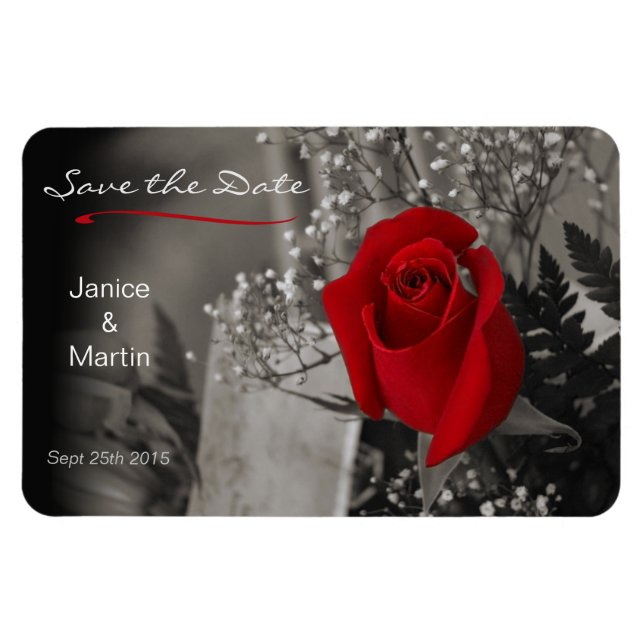 Red Rose on Black and White Save the Date Magnet (Horizontal)