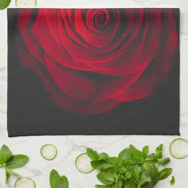 Red rose on black background vintage effect tea towel (Folded)